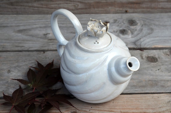 Hand Carved Waterlily Stoneware Teapot - White Glaze - MADE TO ORDER