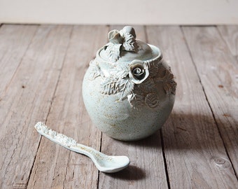 Alice in wonderland Sugar bowl and little teaspoon - MADE TO ORDER - Stoneware with roses in light blue glaze