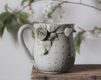 Alice pink dot  blue glaze tall - Stoneware Teacup   with roses in light blue with pink dots