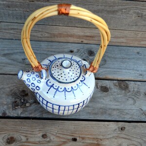 Odette Stoneware Teapot in white with rustic blue decor Stoneware grès Teapot Ceramic teapot image 2