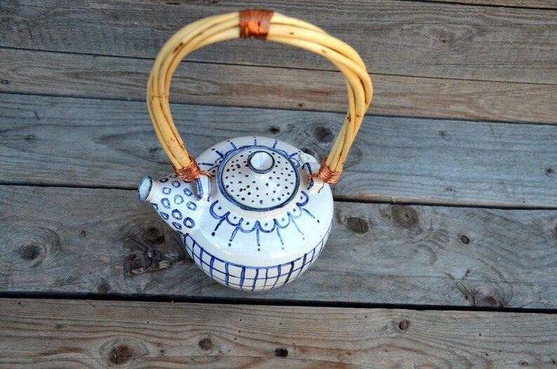 Odette Stoneware Teapot in white with rustic blue decor Stoneware grès Teapot Ceramic teapot image 2