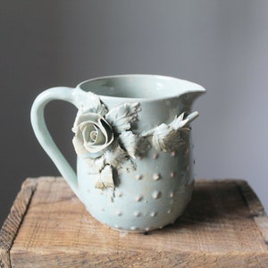 Milk pitcher - light blue with pink roses and pink dots - Stoneware