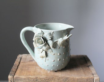 Milk pitcher - light blue with pink roses and pink dots - Stoneware