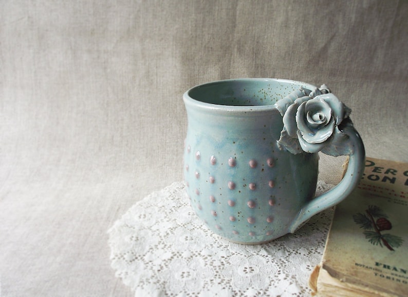 Alice pink dot blue glaze low MADE TO ORDER Stoneware Tea Cup with roses with pink dots Handmade Ceramics mug image 4