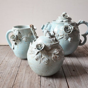 Set Alice in wonderland Teapot, creamer, sugar bowl and little teaspoon MADE TO ORDER Stoneware with roses in light blue glaze image 1