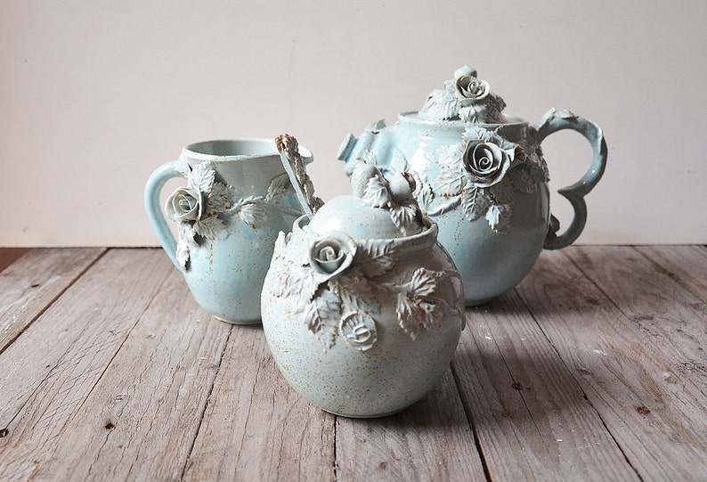 Set Alice in wonderland Teapot, creamer, sugar bowl and little teaspoon MADE TO ORDER Stoneware with roses in light blue glaze image 1