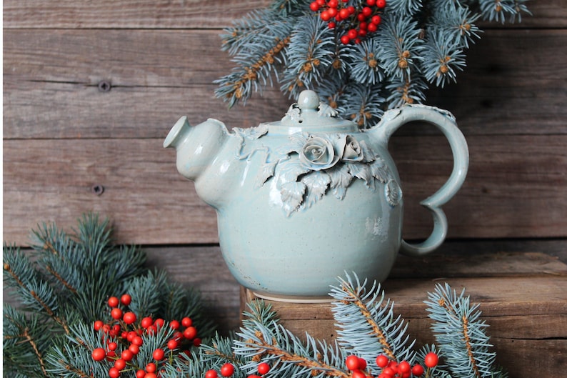 Alice in Wonderland Teapot Stoneware teapot with roses in light blue granitic glaze image 2