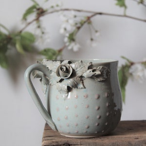 Alice pink dot blue glaze low MADE TO ORDER Stoneware Tea Cup with roses with pink dots Handmade Ceramics mug image 2