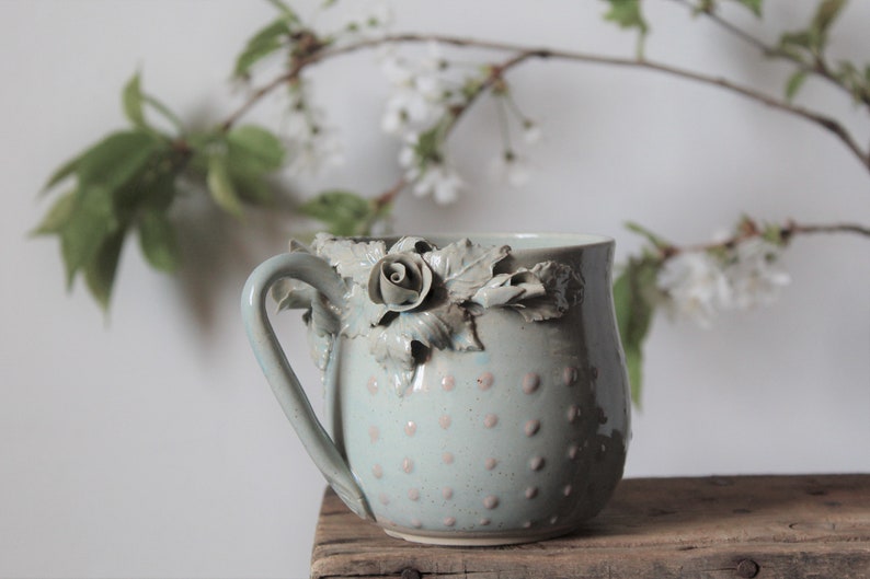 Alice pink dot blue glaze low MADE TO ORDER Stoneware Tea Cup with roses with pink dots Handmade Ceramics mug image 2