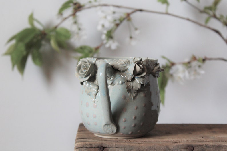 Alice pink dot blue glaze low MADE TO ORDER Stoneware Tea Cup with roses with pink dots Handmade Ceramics mug image 1