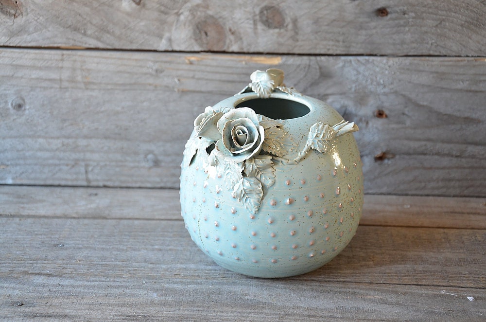 Stoneware Vase in Blue With Pink Dots and Roses -MADE TO ORDER - Wheel ...