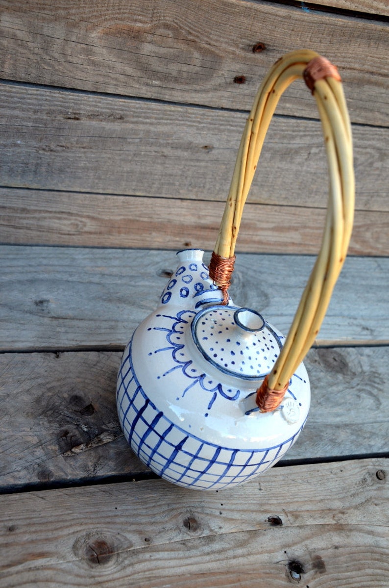 Odette Stoneware Teapot in white with rustic blue decor Stoneware grès Teapot Ceramic teapot image 1