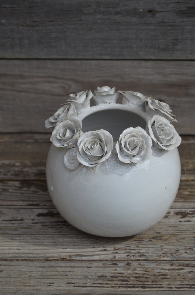 Wheel Thrown Stoneware Vase With White Ceramic Roses - Made to Order - Etsy