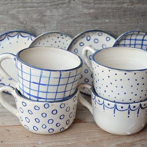 Stoneware rustic Tea Cups with saucers MADE TO ORDER set of 4 Rustic cream with blue decoration Handmade Ceramics image 1