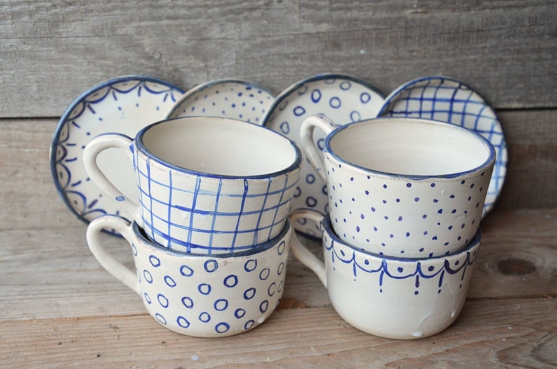 Stoneware rustic Tea Cups with saucers MADE TO ORDER set of 4 Rustic cream with blue decoration Handmade Ceramics image 1