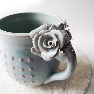 Alice pink dot blue glaze low MADE TO ORDER Stoneware Tea Cup with roses with pink dots Handmade Ceramics mug image 5