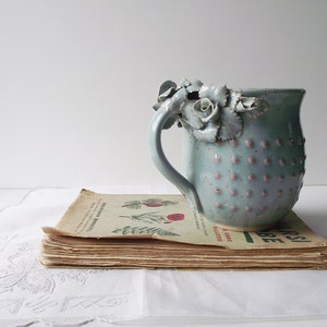 Alice pink dot blue glaze low MADE TO ORDER Stoneware Tea Cup with roses with pink dots Handmade Ceramics mug image 3
