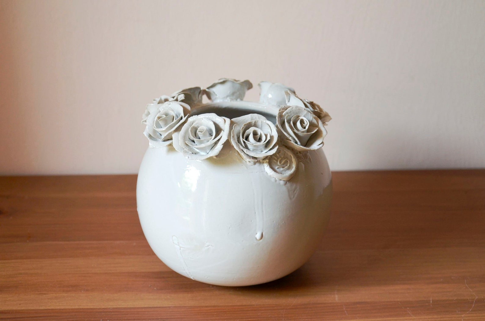 Wheel Thrown Stoneware Vase With White Ceramic Roses - Made to Order - Etsy