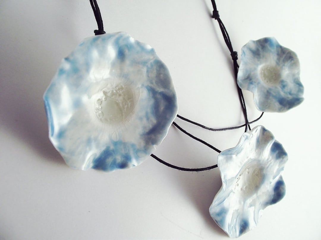 Three Fresh Light Blue Porcelain Flowers Necklace From Italy - Etsy