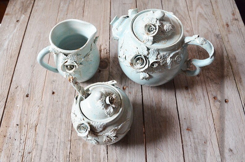 Set Alice in wonderland Teapot, creamer, sugar bowl and little teaspoon MADE TO ORDER Stoneware with roses in light blue glaze image 2