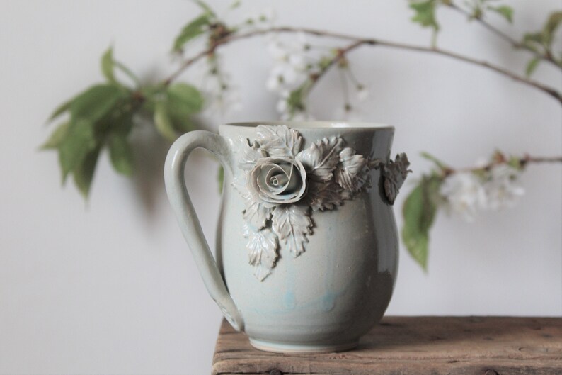 Alice no dot blue glaze tall Stoneware Teacup with roses in light blue without dots Handmade Ceramics image 2