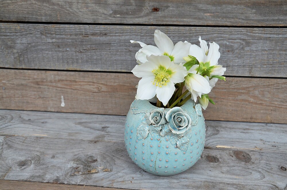 Wheel Thrown Stoneware Vase - Blue Ceramic With Pink Dots & Roses ...
