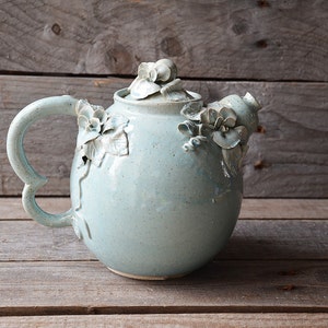Pansy Teapot MADE TO ORDER Stoneware teapot with daisies in light blue granitic glaze image 4