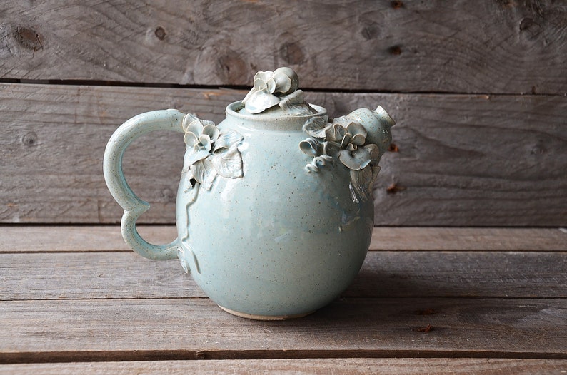 Pansy Teapot MADE TO ORDER Stoneware teapot with daisies in light blue granitic glaze image 4