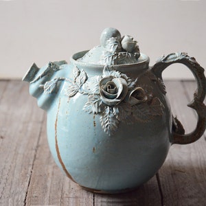 Alice in Wonderland Teapot  - Stoneware teapot with roses in light blue granitic glaze