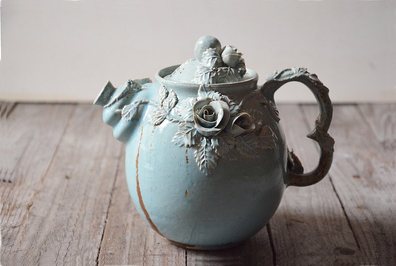 Alice in Wonderland Teapot Stoneware teapot with roses in light blue granitic glaze image 1