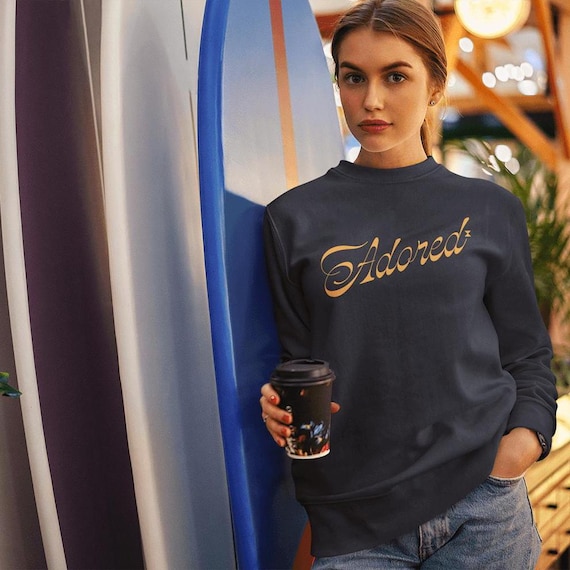 Adored Script Slogan Women's Premium Quality Navy Sweatshirt by