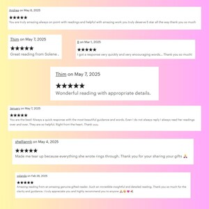 Puede incluir: Imagen que muestra rese&ntilde;as de clientes con calificaciones de cinco estrellas y comentarios positivos. Las rese&ntilde;as son de mayo de 2025 y febrero de 2025, elogiando la calidad de las lecturas y la orientaci&oacute;n.