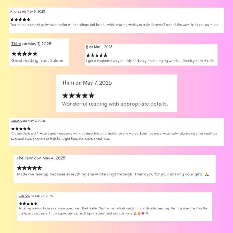 Puede incluir: Imagen que muestra rese&ntilde;as de clientes con calificaciones de cinco estrellas y comentarios positivos. Las rese&ntilde;as son de mayo de 2025 y febrero de 2025, elogiando la calidad de las lecturas y la orientaci&oacute;n.