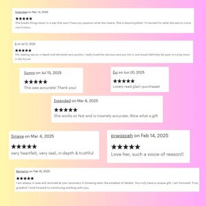 Puede incluir: Imagen digital con rese&ntilde;as de clientes con valoraciones por estrellas y texto. Las rese&ntilde;as se muestran sobre un fondo degradado rosa y amarillo. El texto incluye fechas, nombres y comentarios positivos.