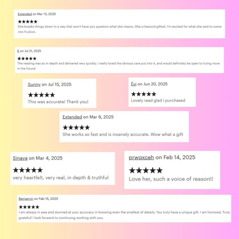 Puede incluir: Imagen digital con rese&ntilde;as de clientes con valoraciones por estrellas y texto. Las rese&ntilde;as se muestran sobre un fondo degradado rosa y amarillo. El texto incluye fechas, nombres y comentarios positivos.