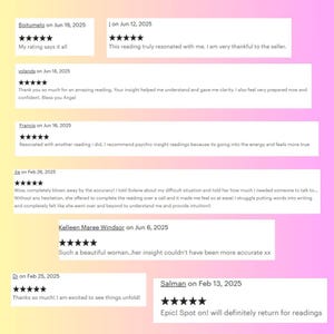 Puede incluir: Una colecci&oacute;n de rese&ntilde;as de clientes con calificaciones de cinco estrellas. Las rese&ntilde;as son de varias fechas en 2025, con comentarios que expresan satisfacci&oacute;n y experiencias positivas. Las rese&ntilde;as mencionan claridad, precisi&oacute;n y lecturas perspicaces.