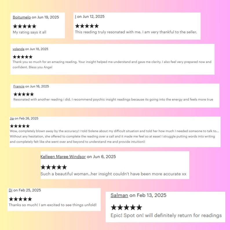 Puede incluir: Una colecci&oacute;n de rese&ntilde;as de clientes con calificaciones de cinco estrellas. Las rese&ntilde;as son de varias fechas en 2025, con comentarios que expresan satisfacci&oacute;n y experiencias positivas. Las rese&ntilde;as mencionan claridad, precisi&oacute;n y lecturas perspicaces.