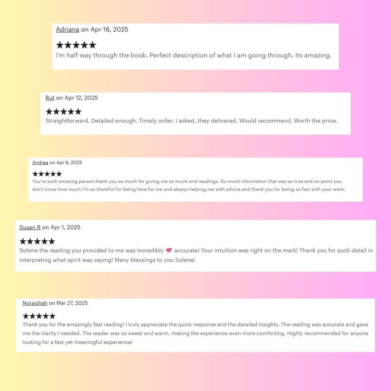 Puede incluir: Imagen de rese&ntilde;as de clientes con valoraciones por estrellas y texto. Las rese&ntilde;as est&aacute;n sobre fondos rectangulares con un degradado rosa y amarillo. Las rese&ntilde;as est&aacute;n fechadas entre marzo y abril de 2025.