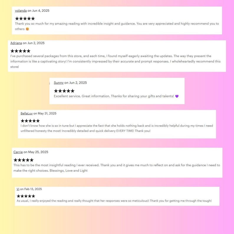 Puede incluir: Una captura de pantalla de rese&ntilde;as de clientes con calificaciones de cinco estrellas. Las rese&ntilde;as est&aacute;n sobre un fondo degradado de amarillo, rosa y blanco. Las rese&ntilde;as elogian el servicio por su perspicacia y respuestas r&aacute;pidas.