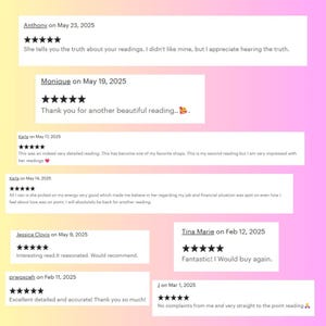 Puede incluir: Imagen de rese&ntilde;as de clientes con valoraciones por estrellas y texto, sobre un fondo degradado rosa y amarillo. Las rese&ntilde;as, fechadas en 2025, comentan lecturas, con diferentes niveles de detalle.