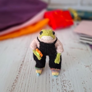 Cute Frog in Overalls, Handmade Knitted Frog