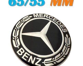 4 Stück 65 mm / 55 mm Mercedes Benz Radnabenabdeckungen mit SCHWARZER LORBEER