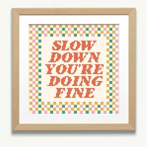 Könnte beinhalten: Ein gerahmter Druck mit einem karierten Rand in Rosa, Gelb und Grün. Der Druck zeigt den Text "Slow Down You're Doing Fine" in Rot.
