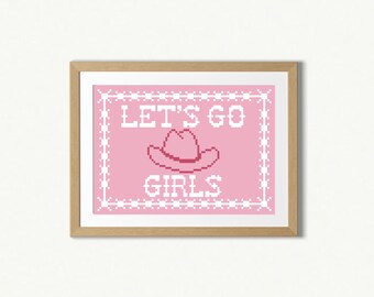 Schema digitale PDF per ricamo a punto croce - Cappello da cowboy rosa "Let's Go Girls"