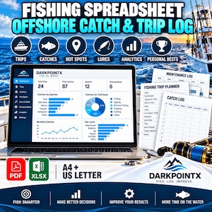 Fishing Spreadsheet, Offshore Fishing Log Book, Saltwater Catch Tracker, Fishing Trip Planner, Excel Dashboard & Printable PDF