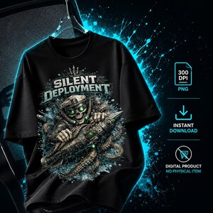 May include: A black t-shirt featuring a graphic of a skeletal figure in a naval cap holding a torpedo, surrounded by tentacles and water splashes. The text reads SILENT DEPLOYMENT. The design includes bright blue accents and green glowing eyes.