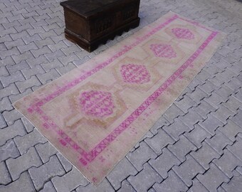 Pink Turkish Runner Rug 3x9: Handwoven Wool Entryway Rug