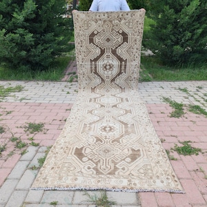 Persian Rug 3x10, Neutral Runner Rug, Hand Knotted Vintage Rug, Rustic Decor Rug, Oriental Runner Rug, Living Room Runner Rug, Rustic Decor