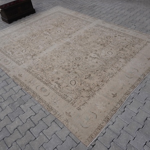 Neutral Rug 9x12, Beige Vintage Rug, Handmade Wool Rug, Distressed Turkish Carpet, Large Area Rug, Farmhouse Living Room Rug