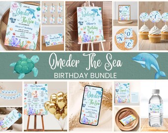 May include: A collection of party supplies with an "Oneder The Sea" theme. Includes invitations, banners, cupcake toppers, and a welcome sign. The designs feature sea creatures like dolphins and turtles, with a blue and coral color scheme.